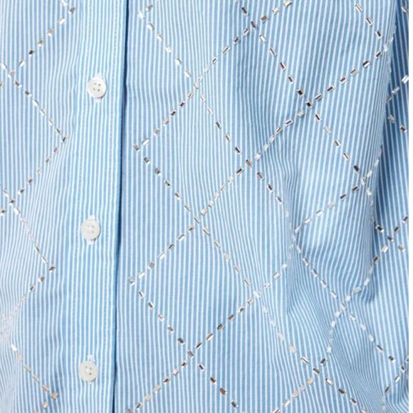 Talbots Light Blue White Stripe Silver Sparkle Diamond Pattern Button Up Shirt - Picture 5 of 16